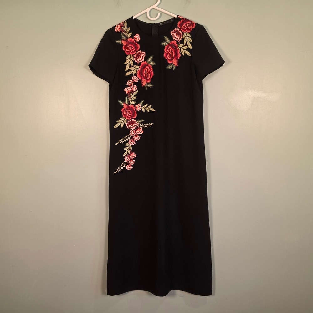 Zara Woman Black Floral Embroidered Midi Dress Short Sleeve Side Slits Size M